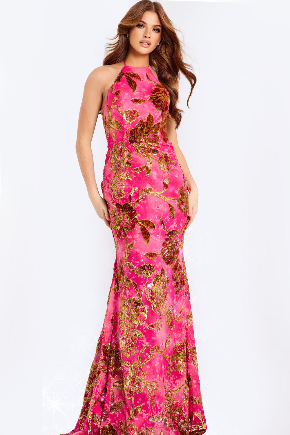 Jovani 46434 Fuchsia mermaid prom dress with floral sequins and halter neckline, front view.