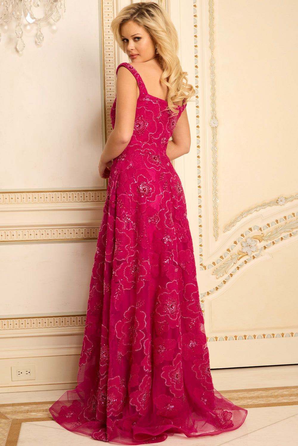 Jovani 46471 Fuchsia formal gown with floral beading, featuring a back view and fitted silhouette.