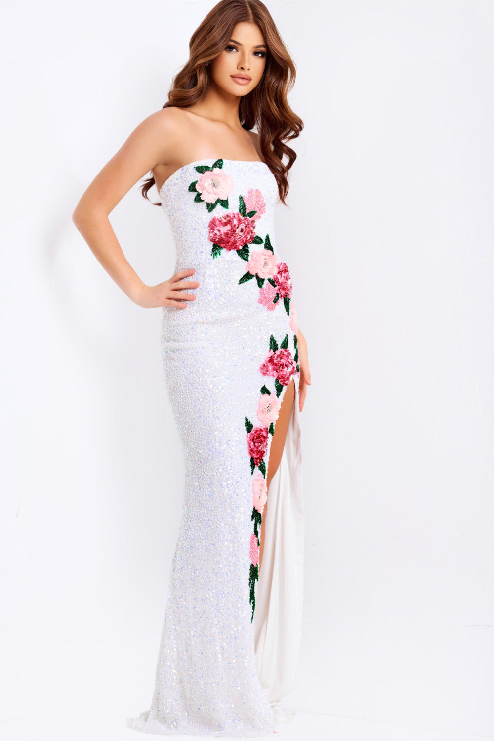 Jovani 46694 White multi mermaid prom dress with floral appliqués and a side slit.