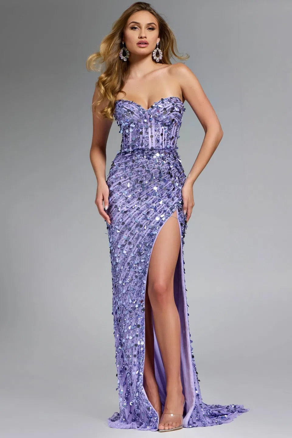 Jovani 46714 sequined mermaid lilac prom dress with lace-up back, front view.