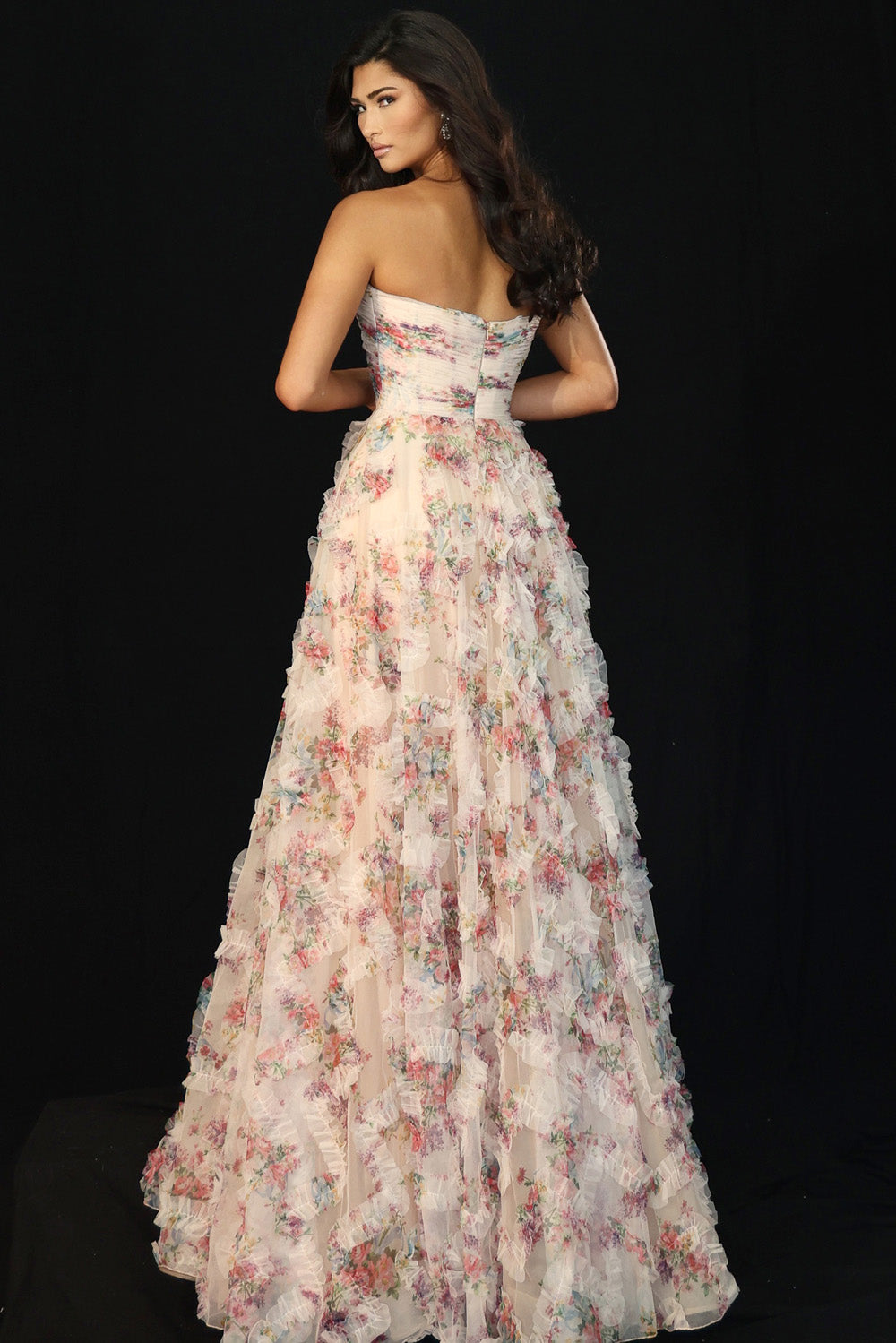 Jovani 46783 Multi-colored floral prom dress with a fitted bodice and flowing ruffled skirt.