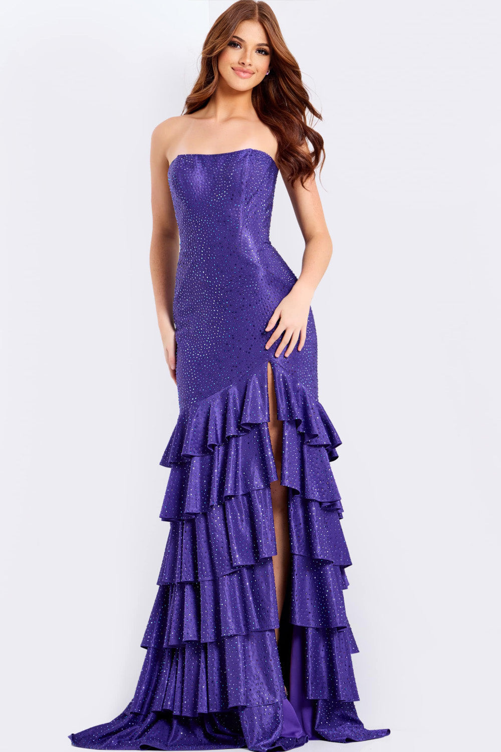 Jovani 46909 Purple mermaid prom dress with sequins and a thigh-high slit, front view.