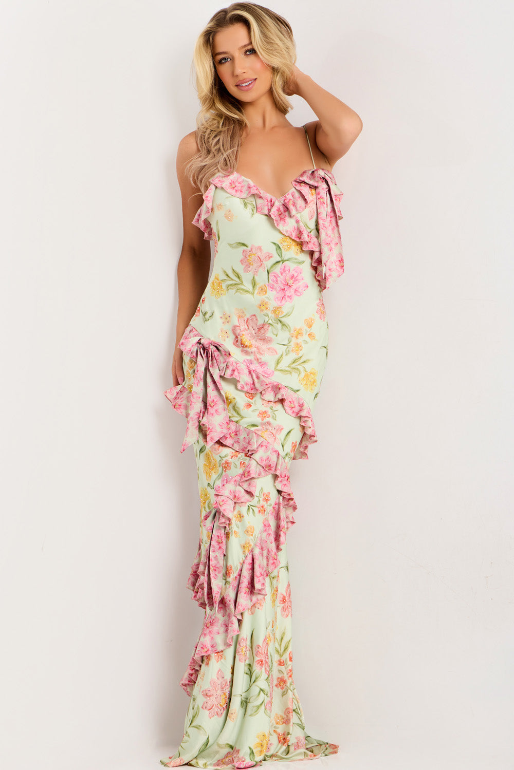 Jovani 47236 Multi-colored mermaid prom dress with ruffles and floral print, front view.