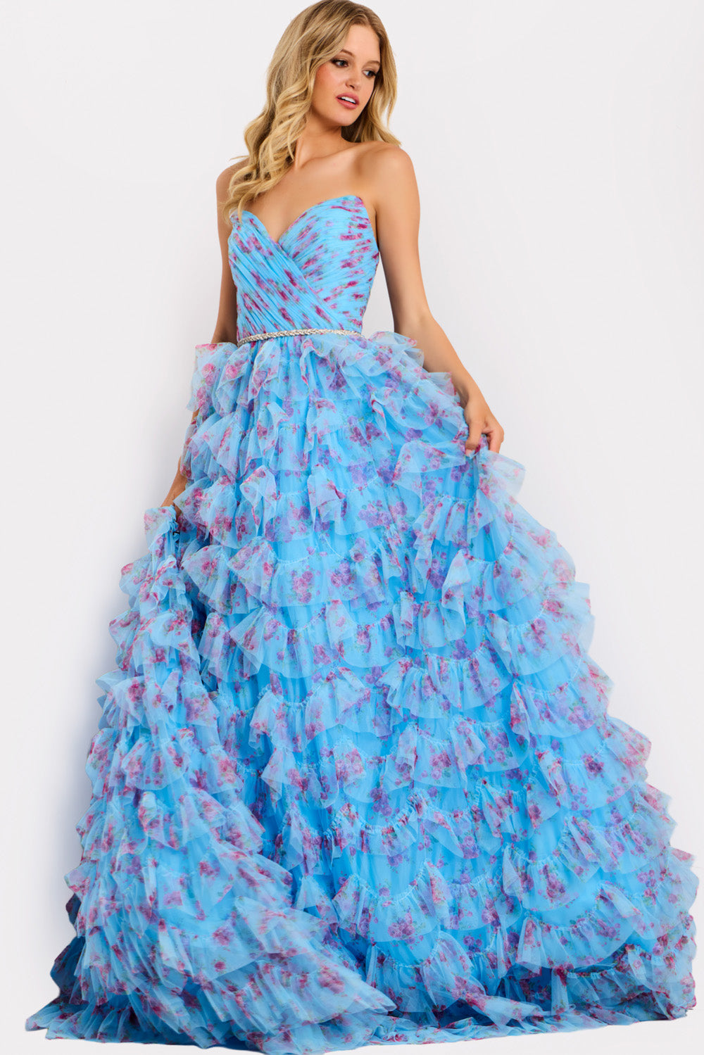 Jovani 47267 Blue multi prom dress with ruffled layers and a sweetheart neckline.