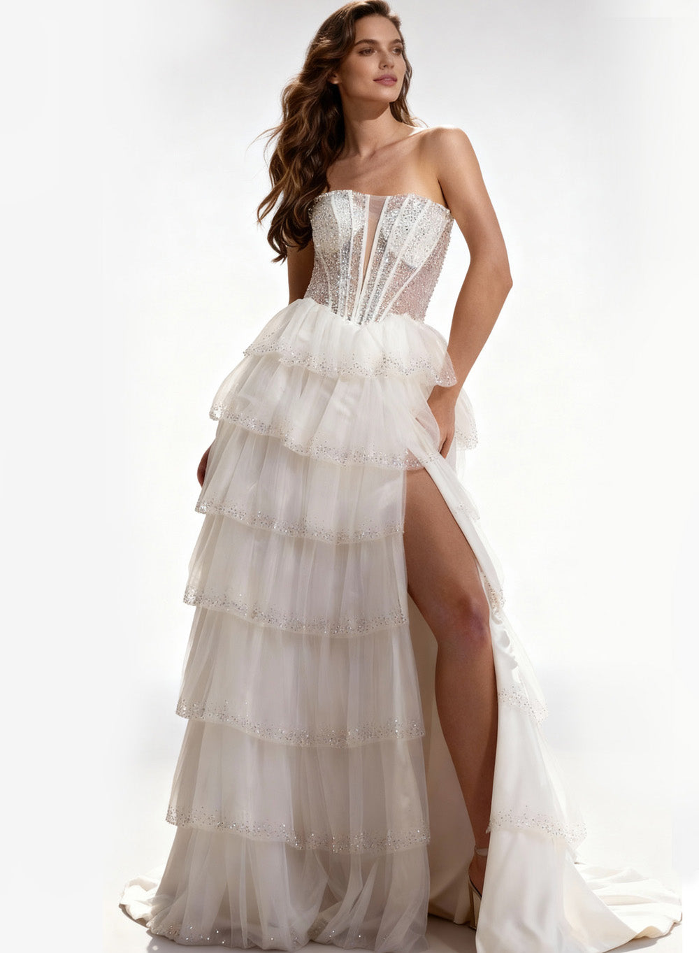 Jovani 47290 Strapless off-white prom dress with layered tulle and a thigh-high slit.