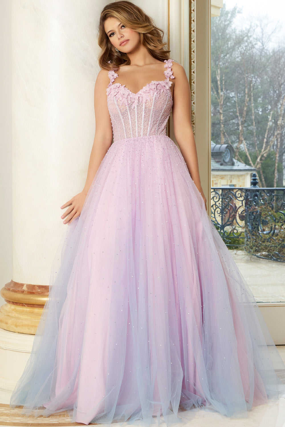 Jovani 47305 Lilac blue ballgown with floral details and beading, back view prom dress.