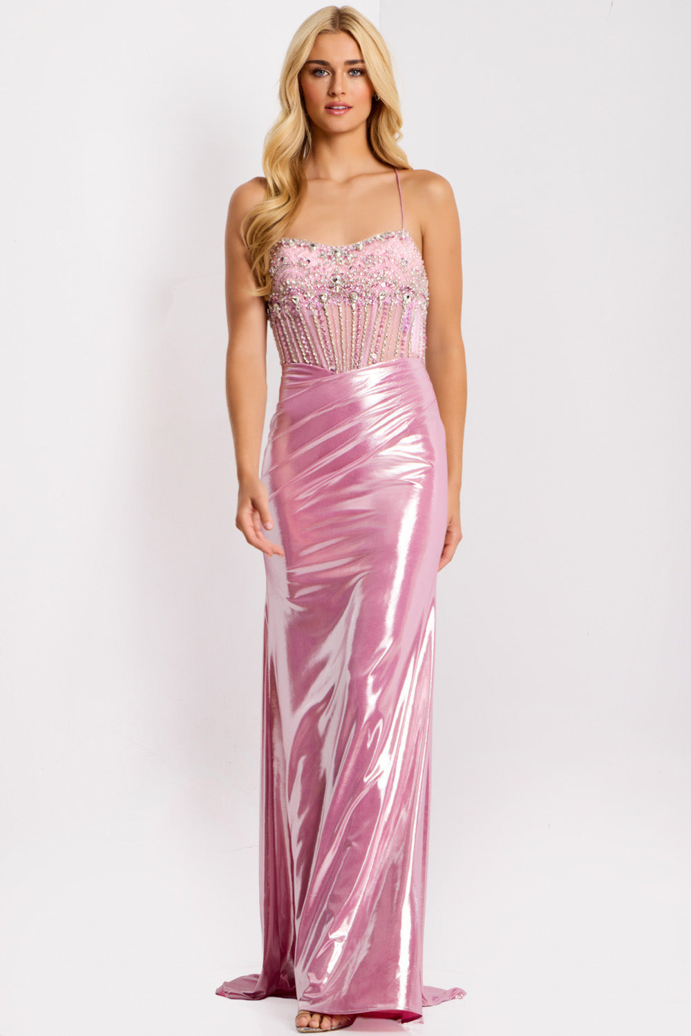 Jovani 47325 Pink fitted prom dress with beaded bodice and sleek silhouette.