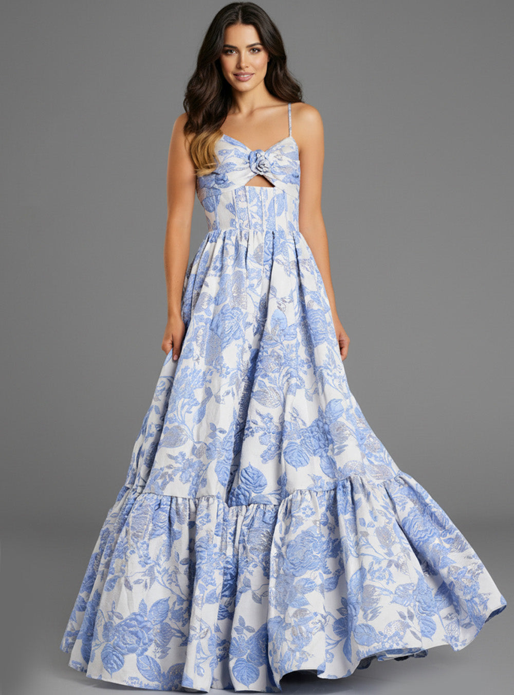 Jovani 47328 Light blue floral A-line prom dress with a sweetheart neckline and ruffled hem.