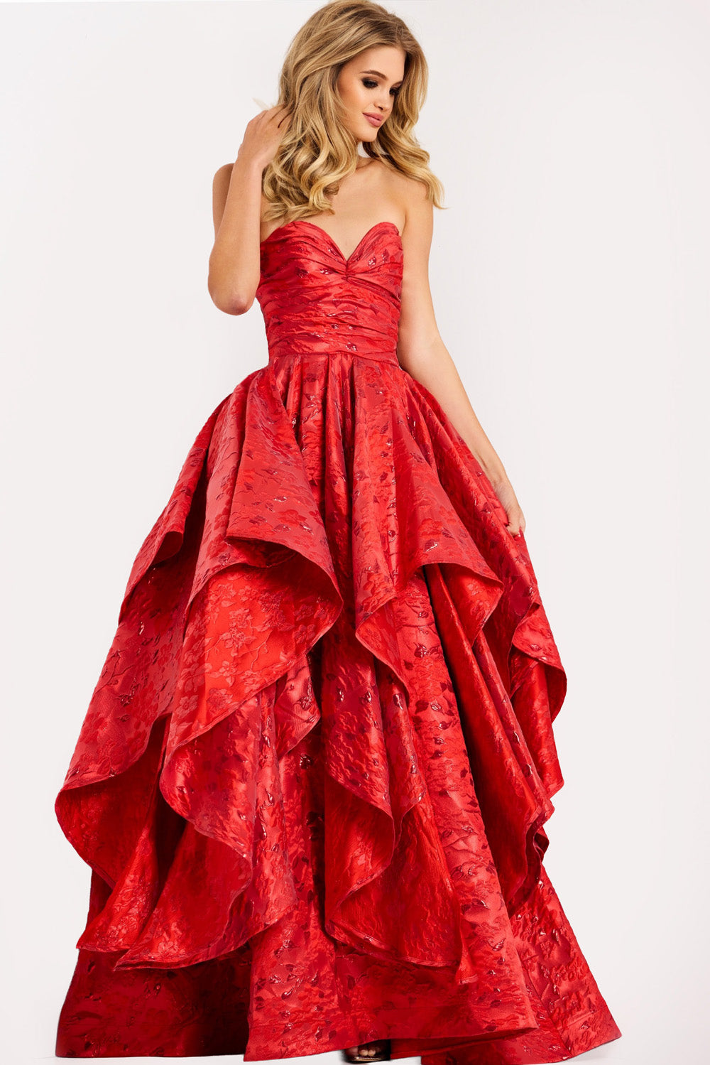 Jovani 47394 Red ballgown with layered skirt and sweetheart neckline, perfect for prom prom dress.