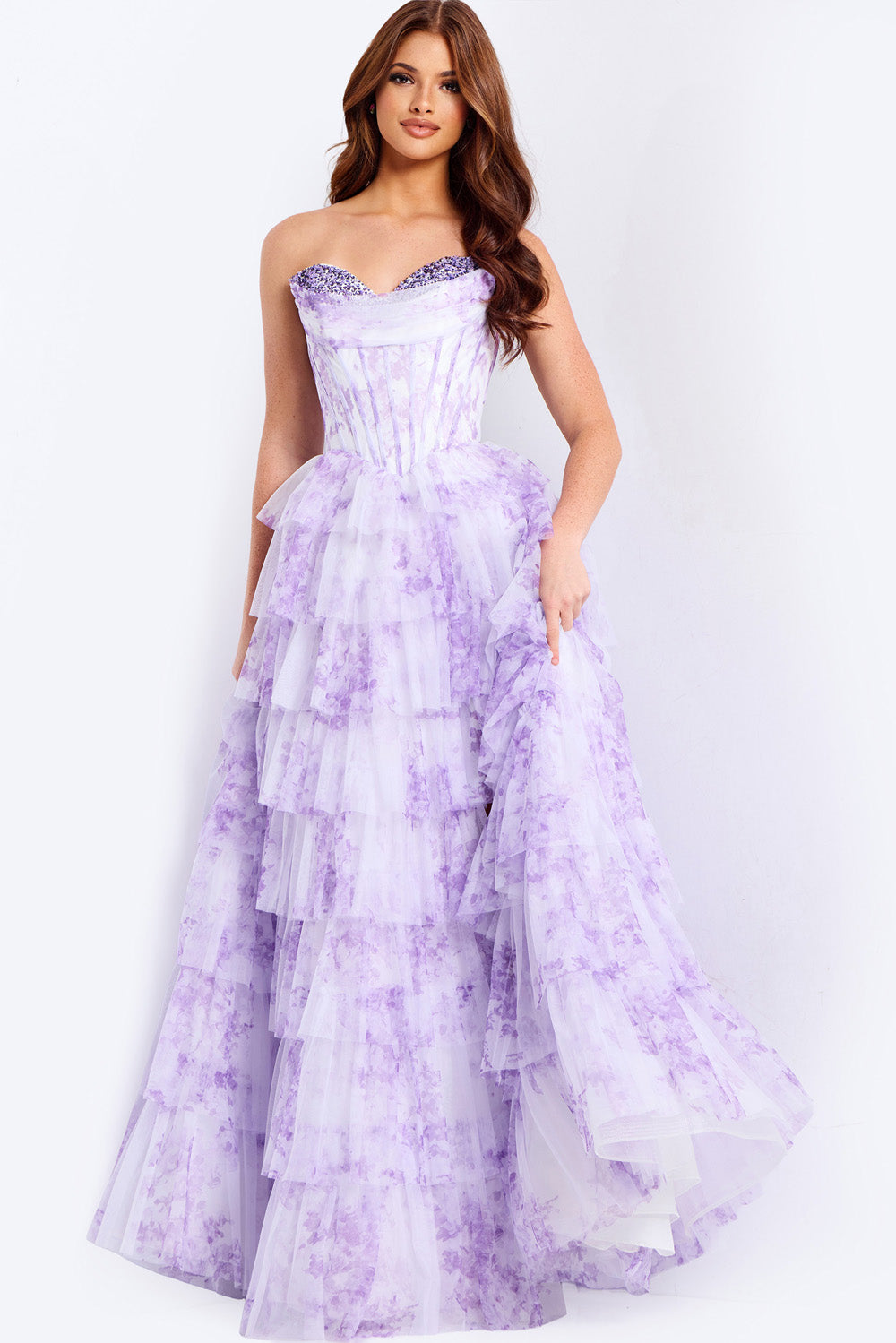Jovani 47440 Lilac tiered prom dress with a sweetheart neckline and sparkling beaded bodice.