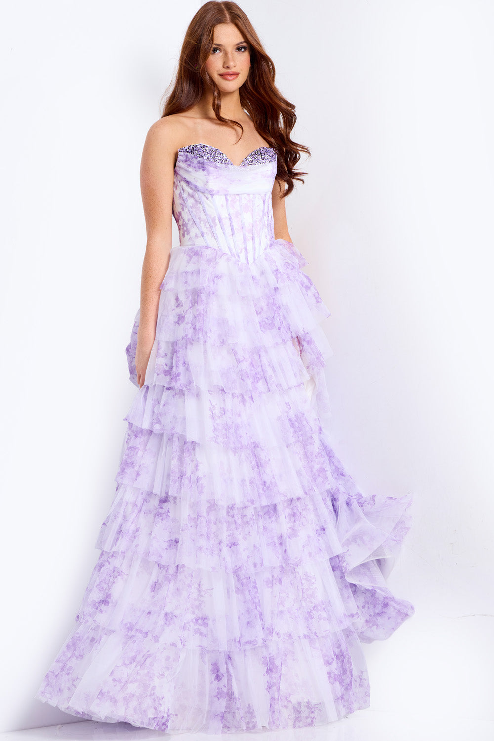 Jovani 47440 Lilac tiered prom dress with a sweetheart neckline and sparkling beaded bodice.