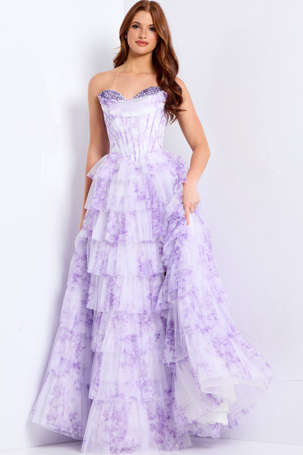 Jovani 47440 Lilac tiered prom dress with a sweetheart neckline and sparkling beaded bodice.