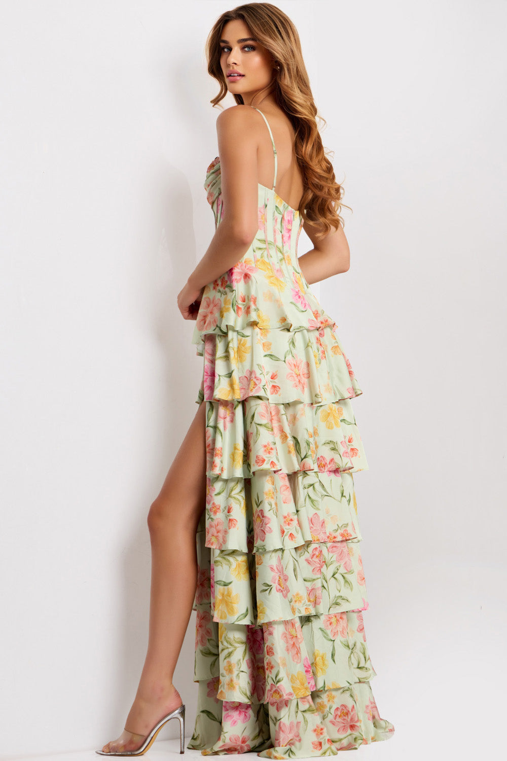 Jovani 47561 Floral print prom dress with a fitted silhouette and side slit, back view.