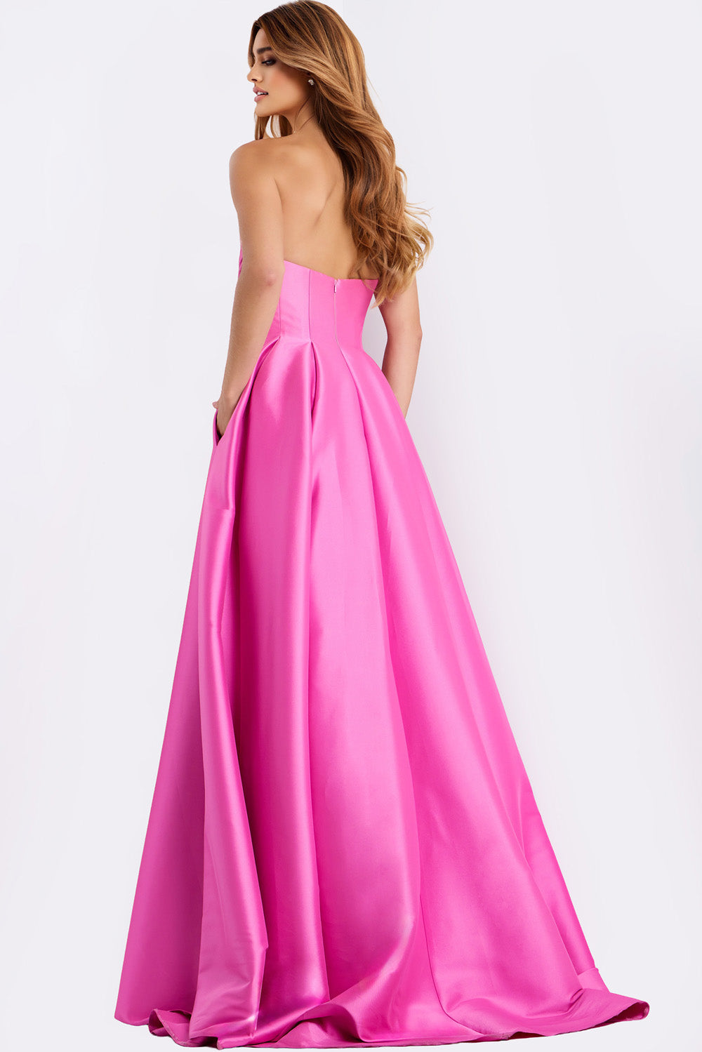Jovani 47570 Pink A-line prom dress with a stunning back view and elegant floor-length skirt.