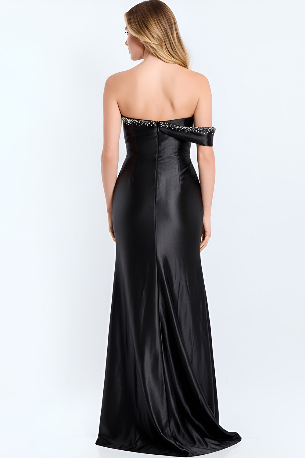 Jovani 47607 Black fitted prom dress with off-the-shoulder design and beaded detail, back view.