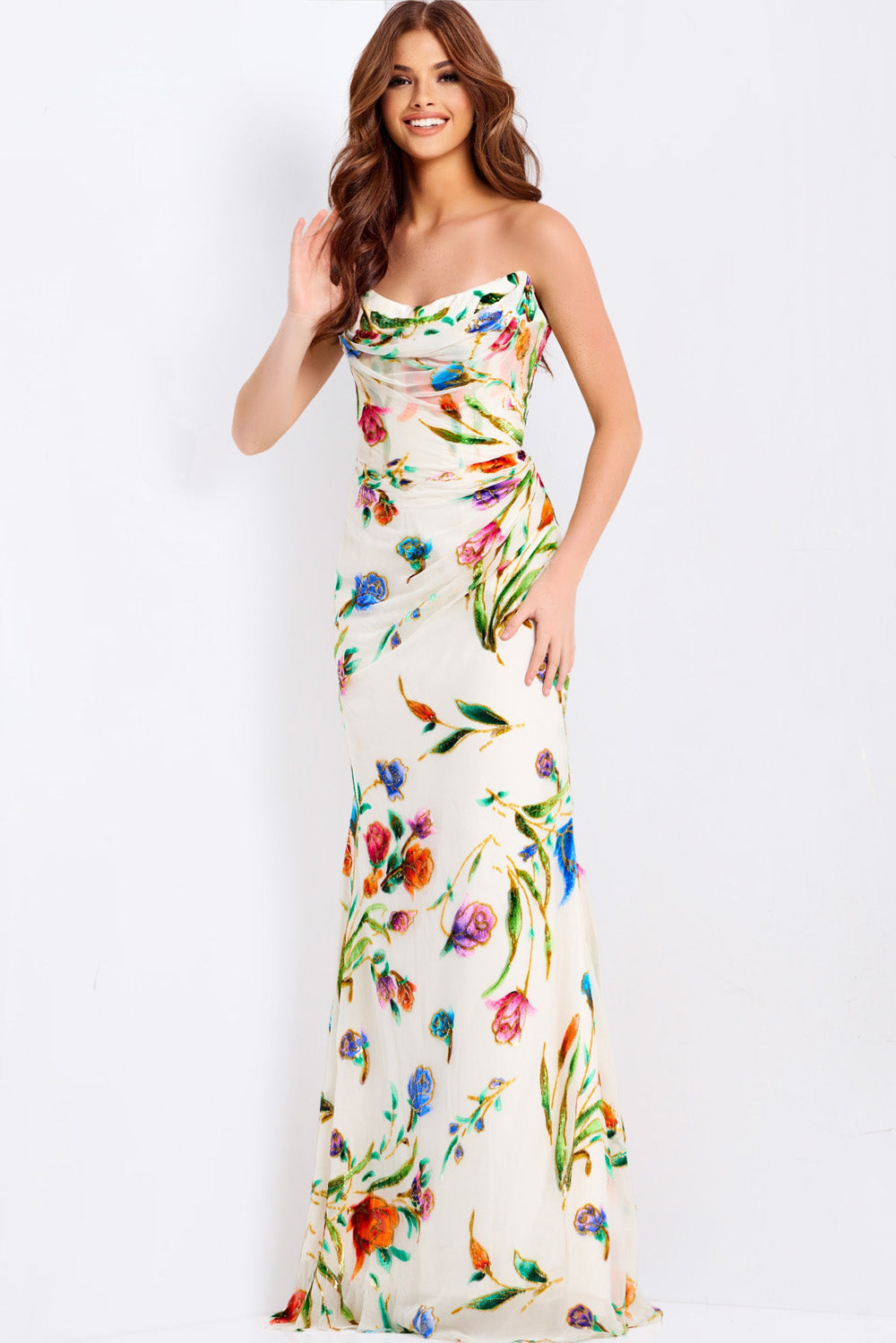 Jovani 47626 Ivory multi prom dress with floral print and fitted silhouette, front view.