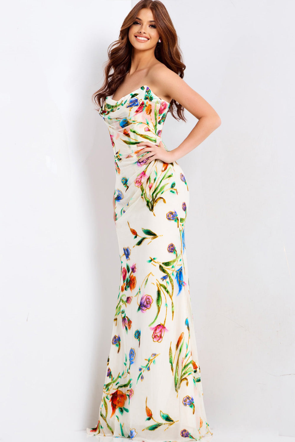 Jovani 47626 Ivory multi mermaid prom dress with floral print and a side slit.