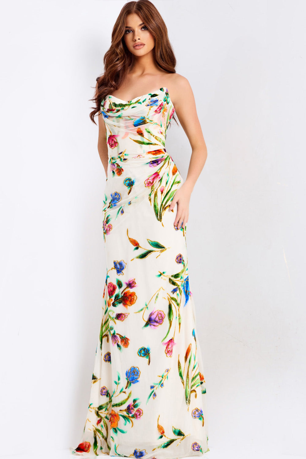 Jovani 47626 Ivory multi prom dress with floral print and fitted silhouette, featuring a side slit.