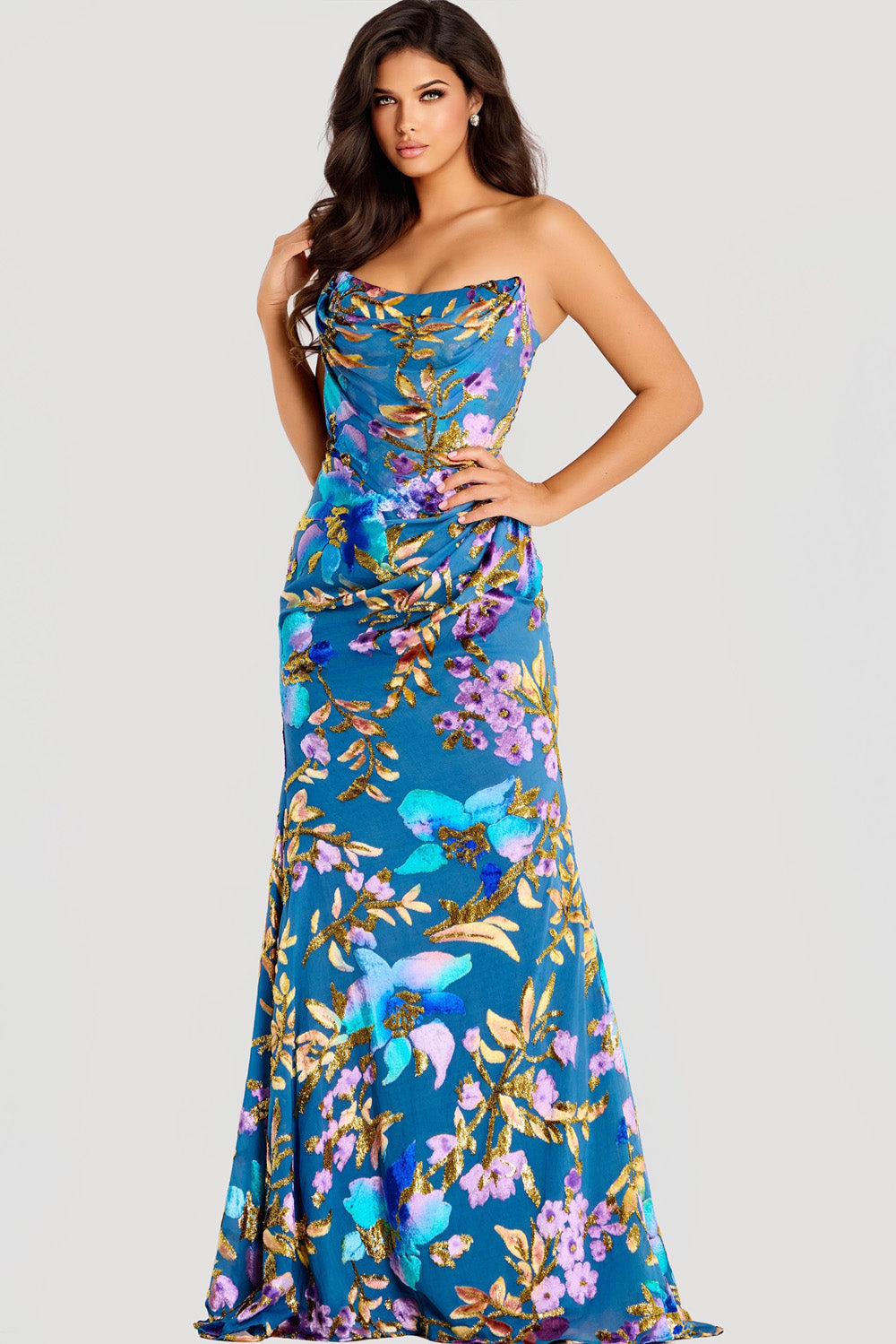 Jovani 47654 Blue floral prom dress with a fitted silhouette and elegant draped neckline.