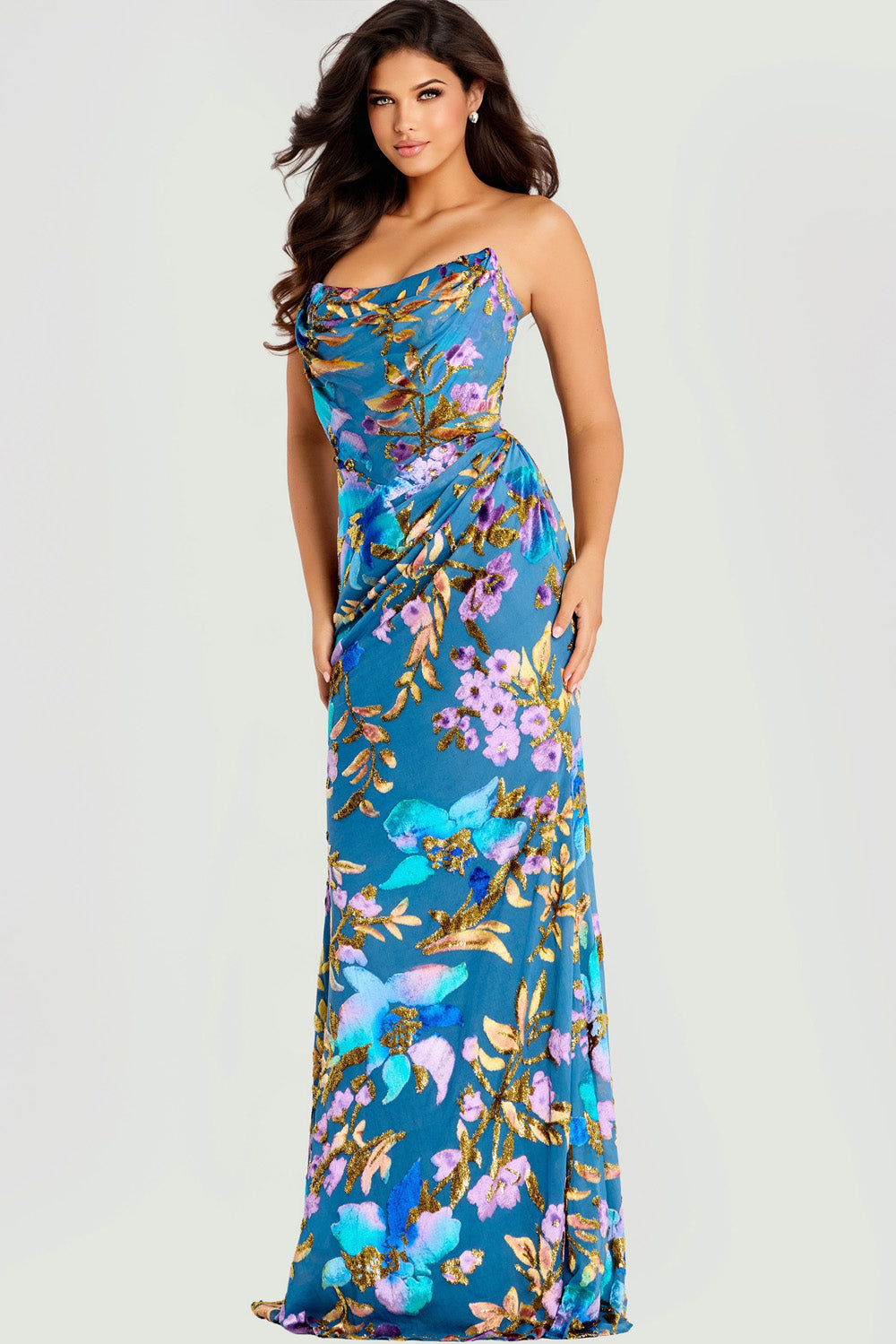 Jovani 47654 Blue floral prom dress with a fitted silhouette and elegant draped neckline.
