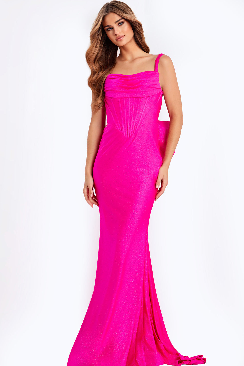 Jovani 47669 Hot pink mermaid prom dress with a cowl neckline and fitted silhouette.