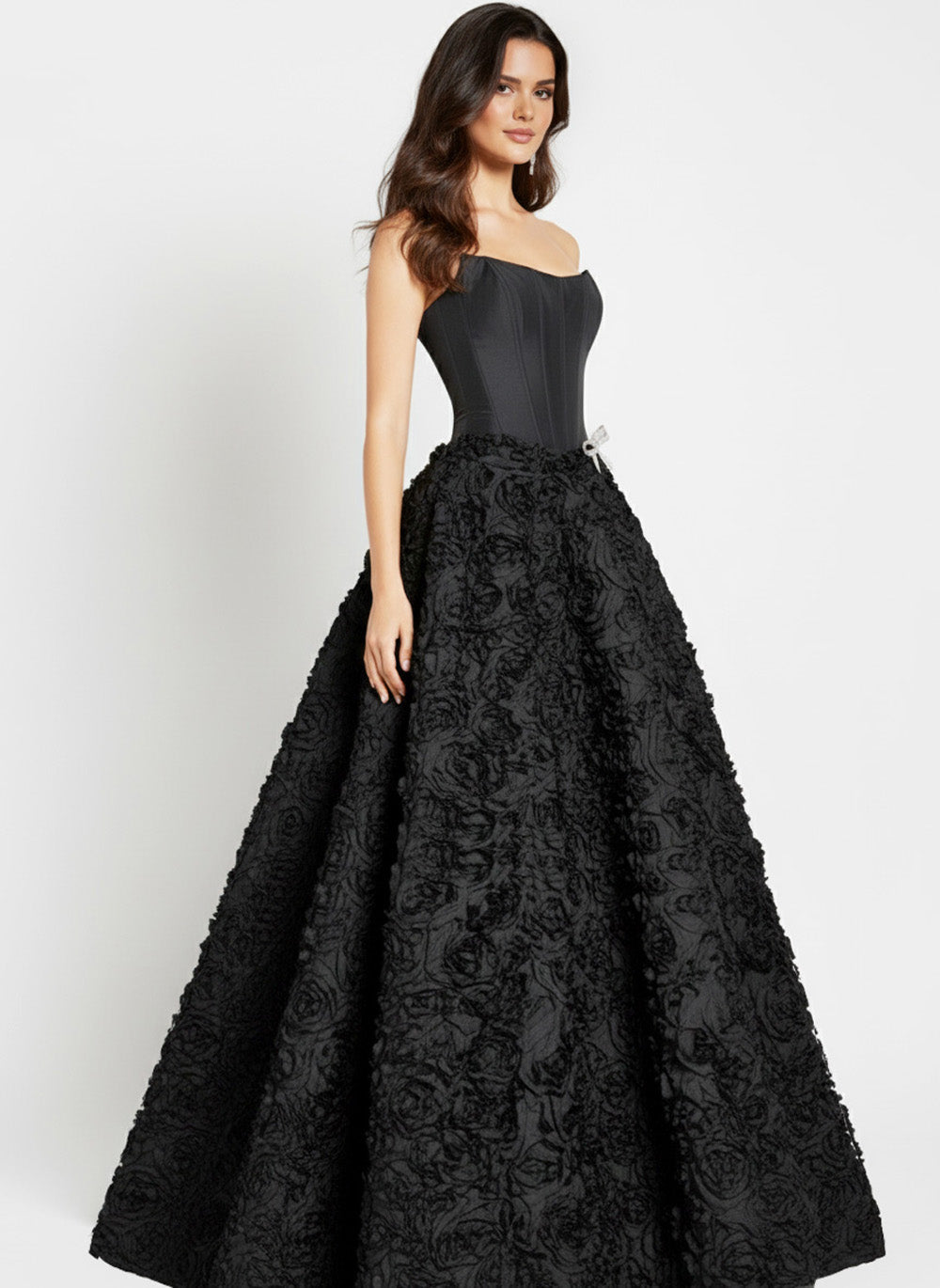 Jovani 47695 Black ballgown prom dress with floral texture and strapless neckline.