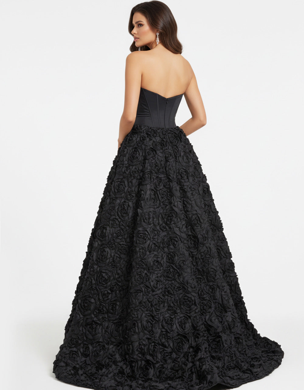 Jovani 47695 Black ballgown with floral texture and a corset back, perfect for prom prom dress.