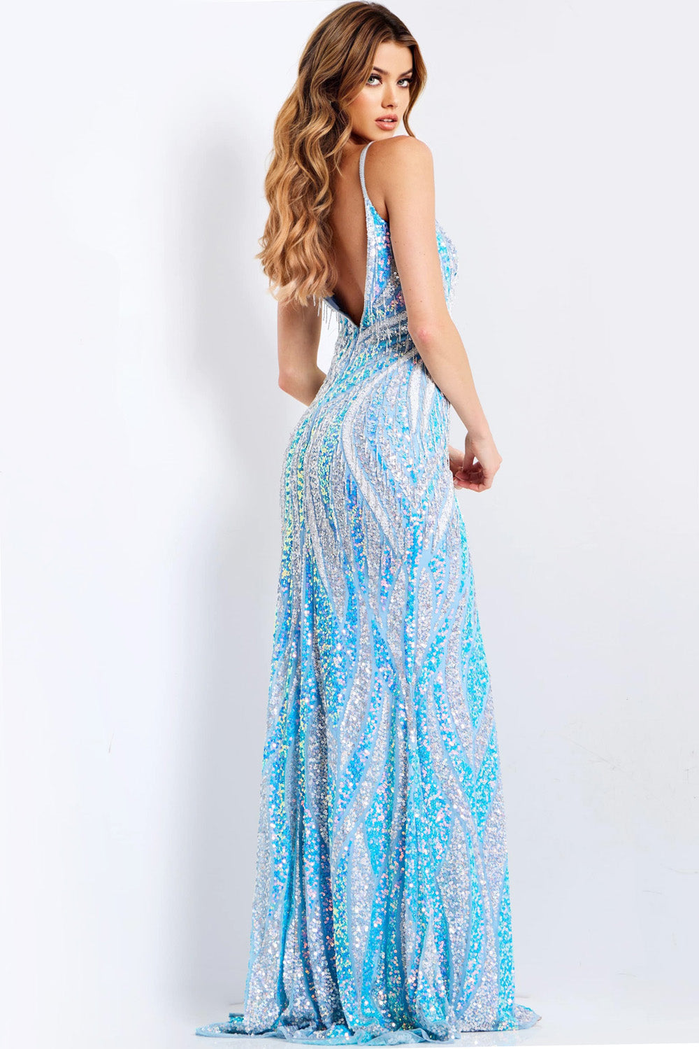 Jovani 47710 Light blue formal gown with a fitted silhouette and stunning back view.