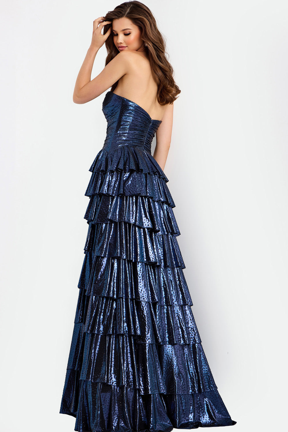 Jovani 47742 Navy strapless prom dress with layered ruffles and a close-up view of the back.
