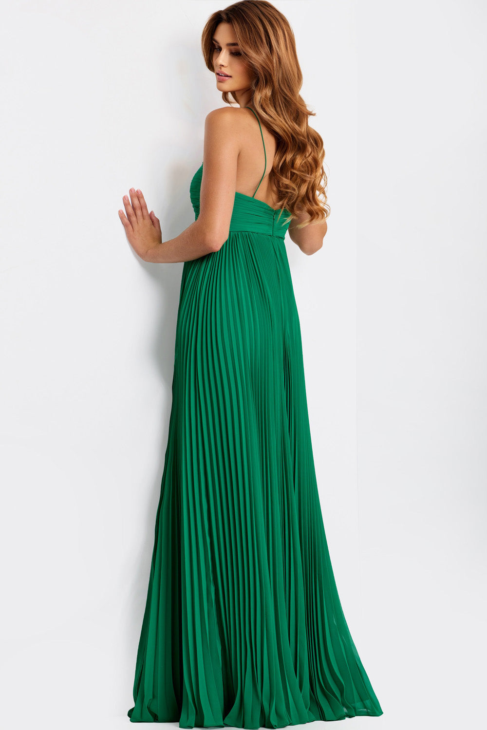 Jovani 47820 Green pleated prom dress with a fitted bodice and open back view.