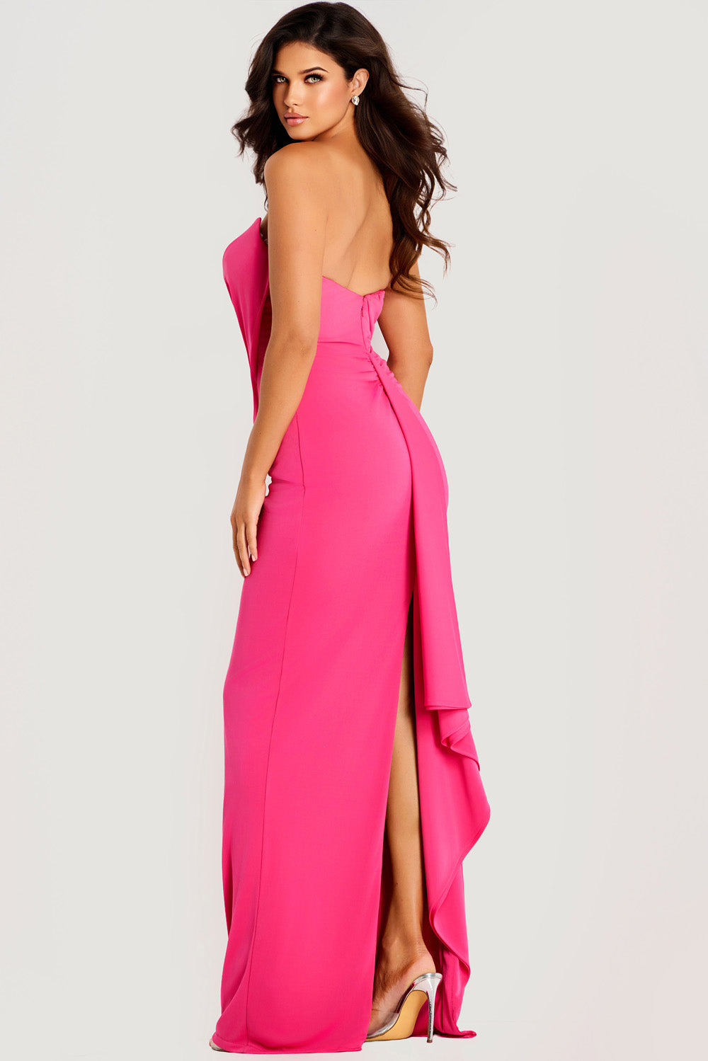 Jovani 47831 Pink fitted prom dress with a side slit and elegant draped back detail.
