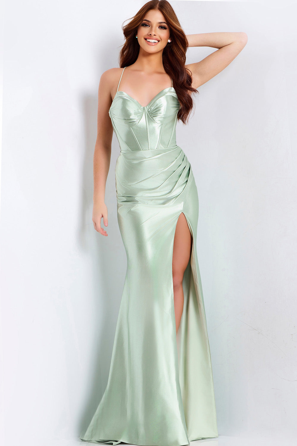 Jovani 47864 Emerald mermaid prom dress with a thigh-high slit and sweetheart neckline.