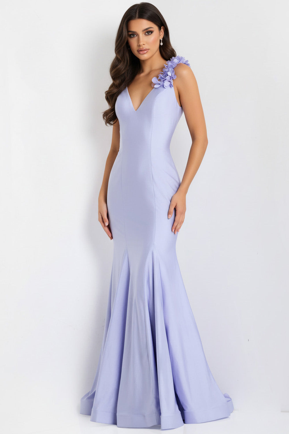 Jovani 48120 Lilac mermaid prom dress with floral detail and a dramatic side slit.