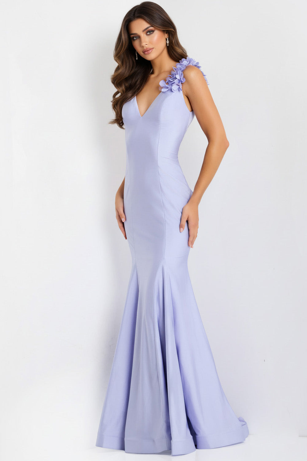 Jovani 48120 Lilac mermaid prom dress with floral shoulder detail and a dramatic slit.