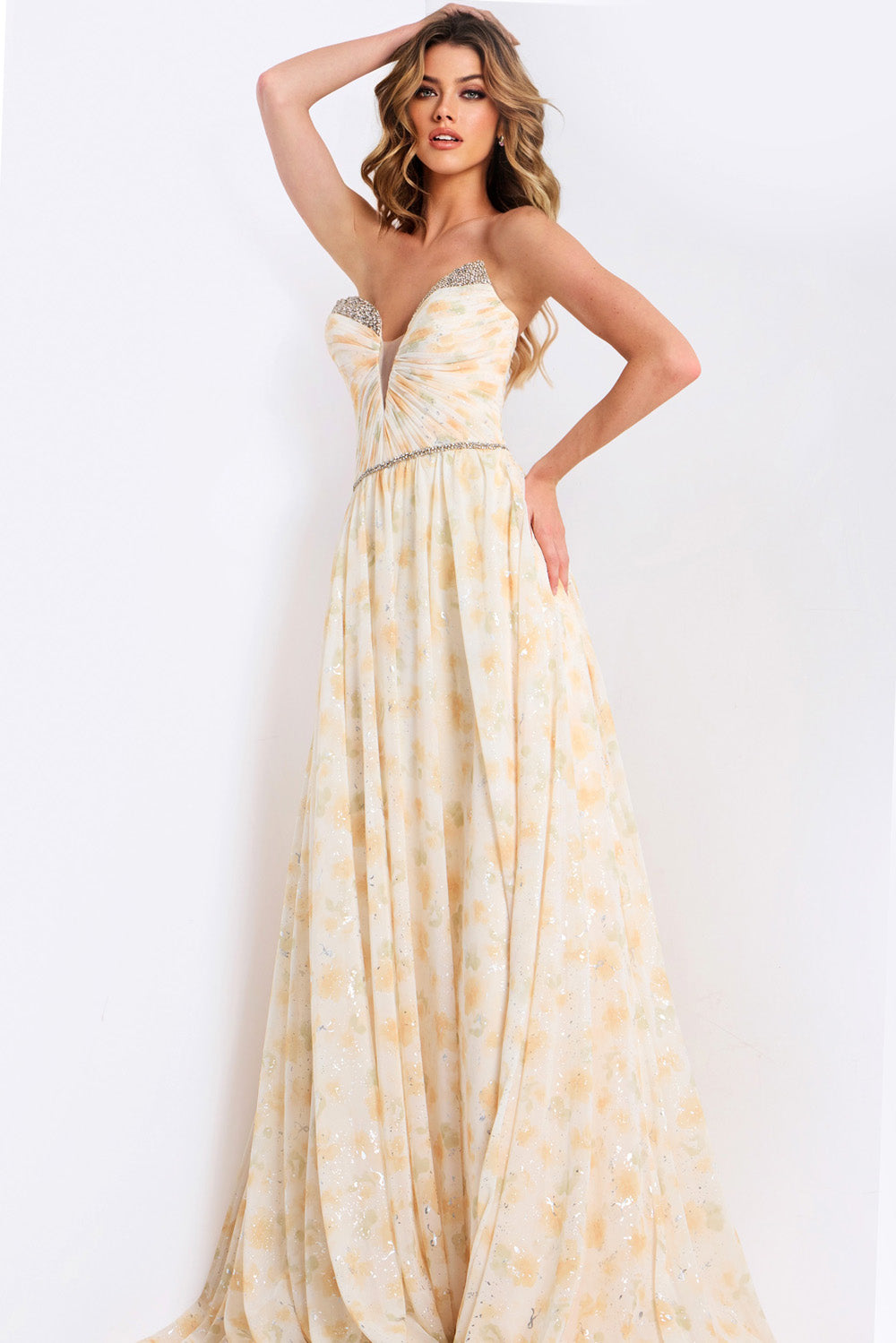 Jovani 48139 Multi-colored prom dress with a fitted bodice and sparkling beaded neckline.