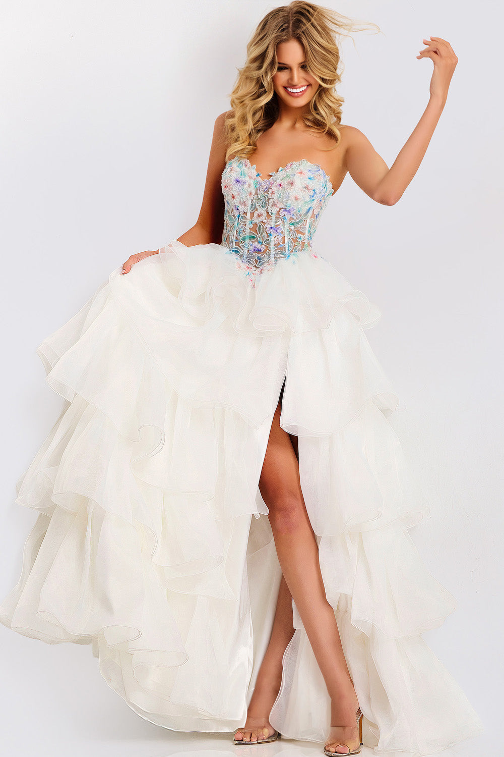Jovani 48177 Light blue and off-white multi prom dress with ruffled layers and a high slit.