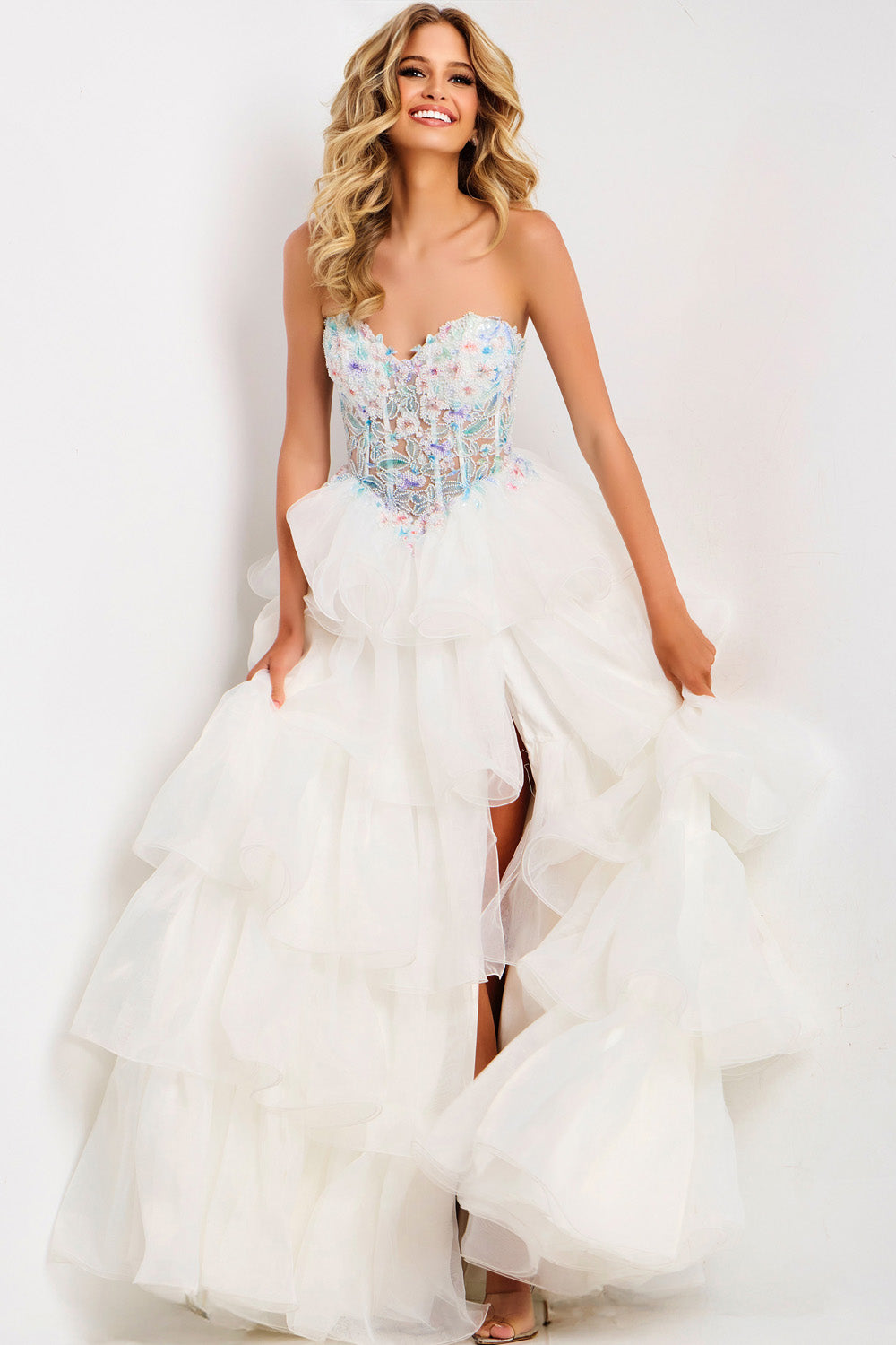 Jovani 48177 Light blue and off-white multi prom dress with a fitted bodice and high slit.