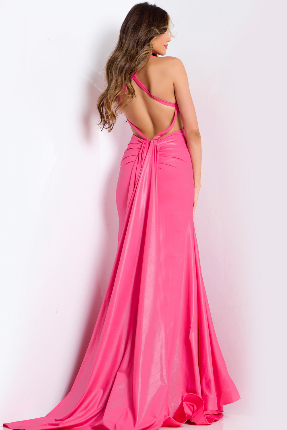 Jovani 48291 Fuchsia mermaid prom dress with a stunning lace-up back, back view.