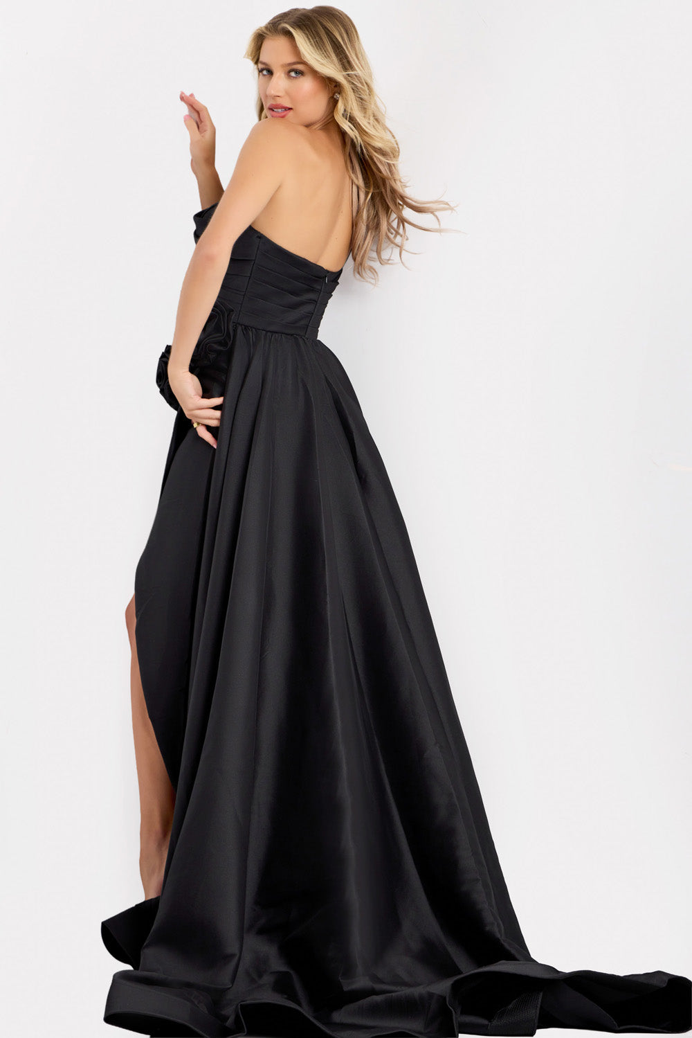 Jovani 48450 Black mermaid prom dress with a high slit and strapless design, back view.