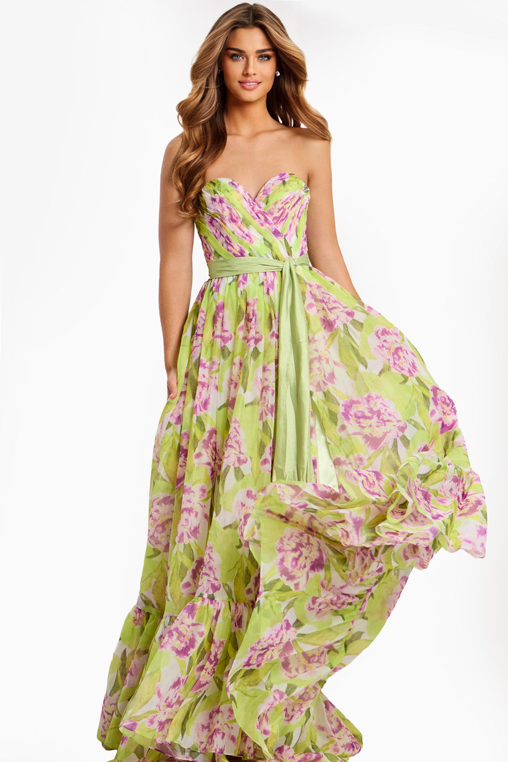 Jovani 48468 Floral print A-line prom dress with a sweetheart neckline and flowing skirt.