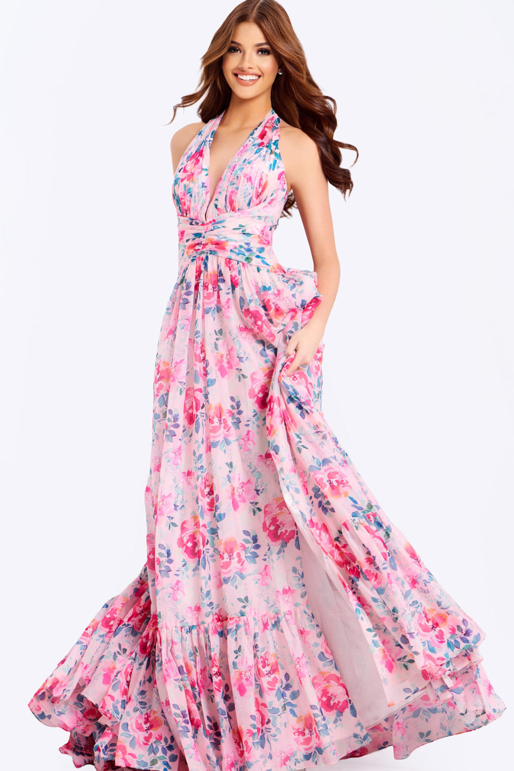 Jovani 48469 Pink floral prom dress with a fitted bodice and flowing skirt, featuring a deep V-neck.