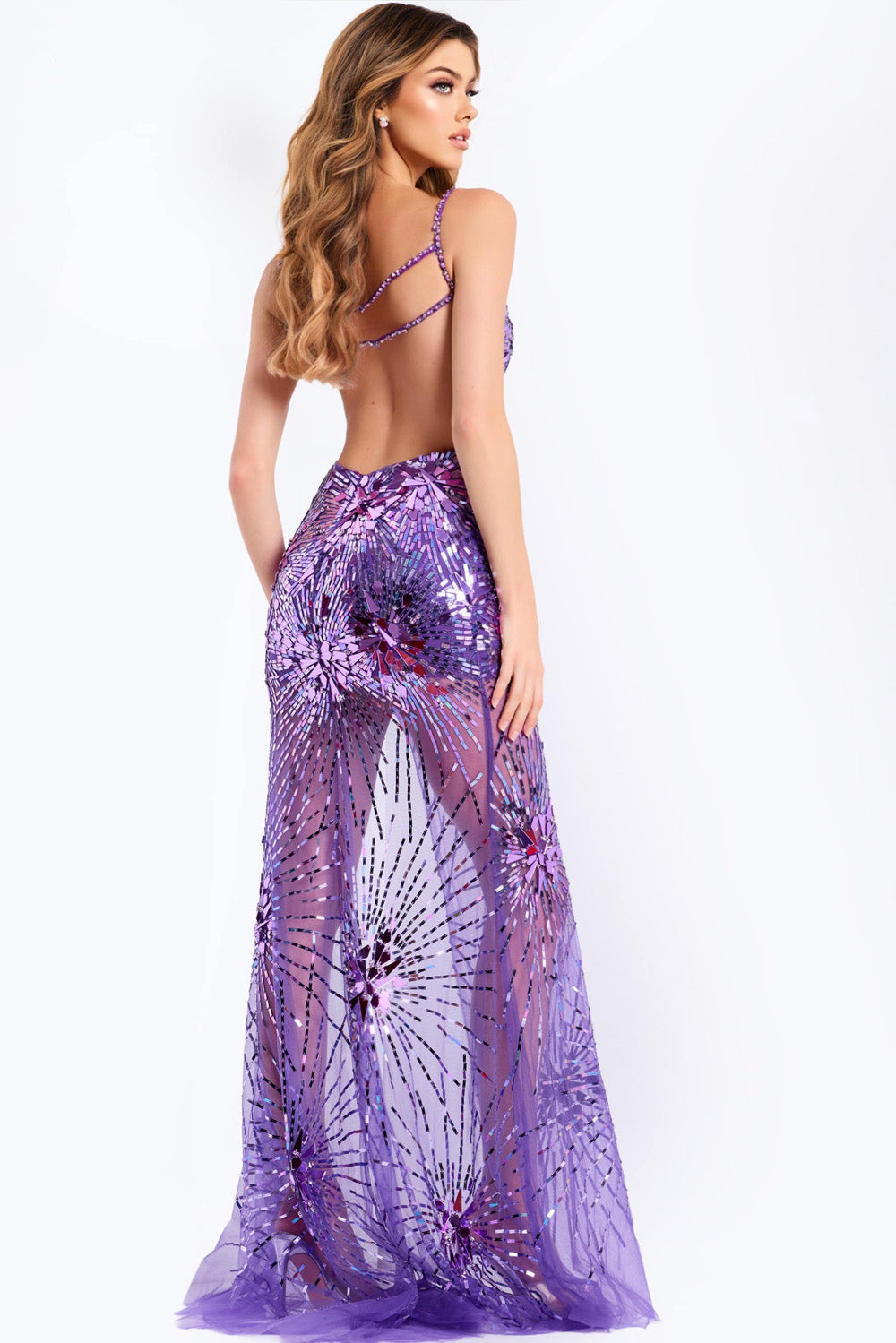 Jovani 48502 Purple mermaid prom dress with sequins and a stunning open back view.