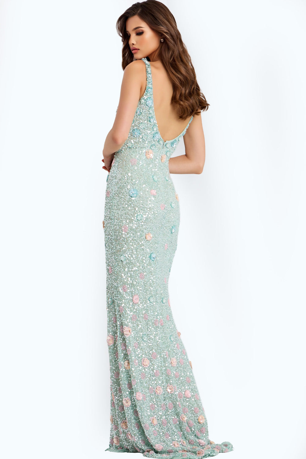 Jovani 48611 Mint mermaid prom dress with sequins and a low back, back view.