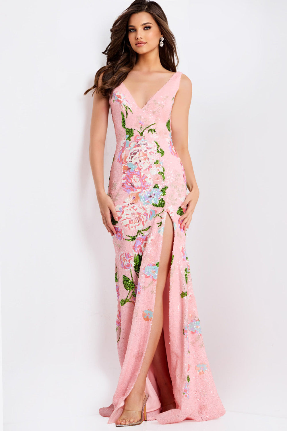 Jovani 48636 Pink mermaid prom dress with floral sequins and a thigh-high slit, front view.