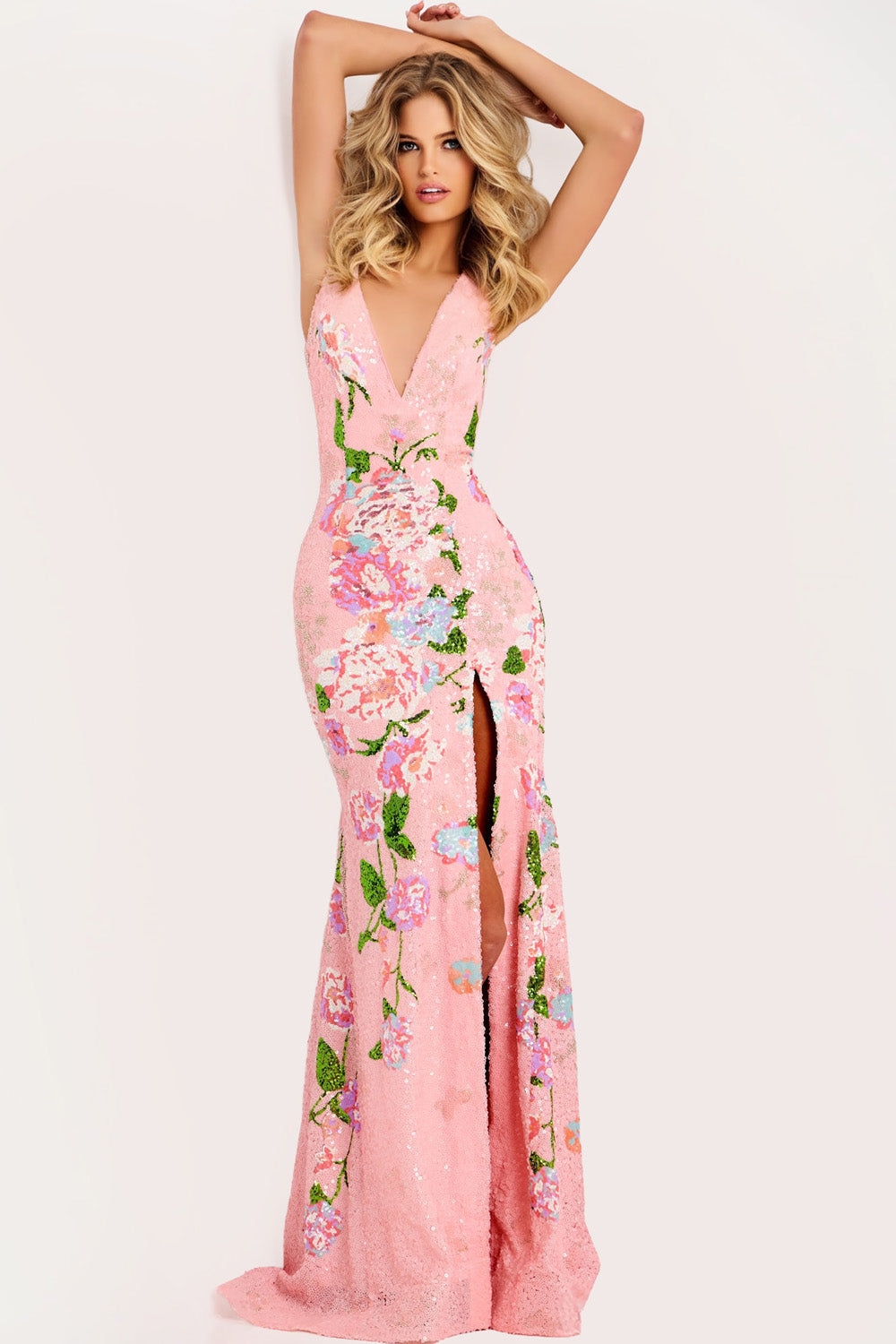 Jovani 48636 Pink mermaid prom dress with floral sequins and a thigh-high slit, front view.