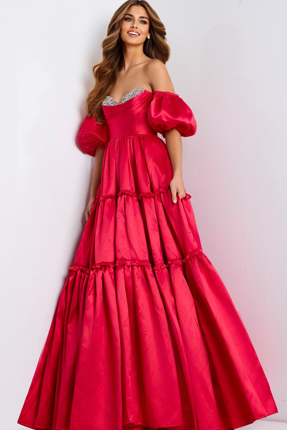Jovani 49055 Red ballgown prom dress with off-the-shoulder sleeves and sparkling bodice.