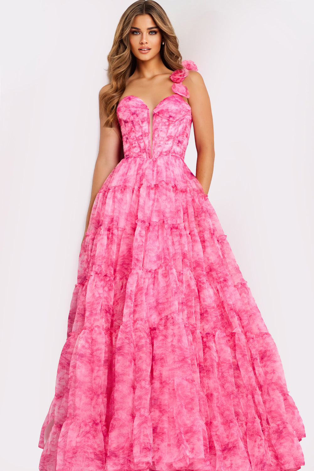 Jovani 49074 Pink tiered prom dress with a sweetheart neckline and floral shoulder detail.