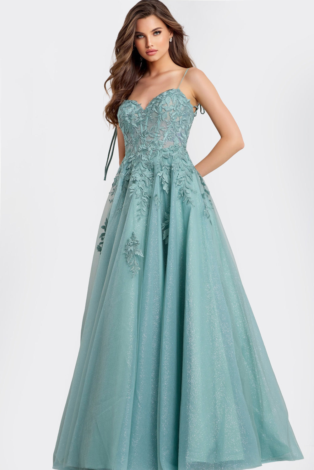 Jovani 49092 Off white A-line prom dress with floral lace and a sweetheart neckline.