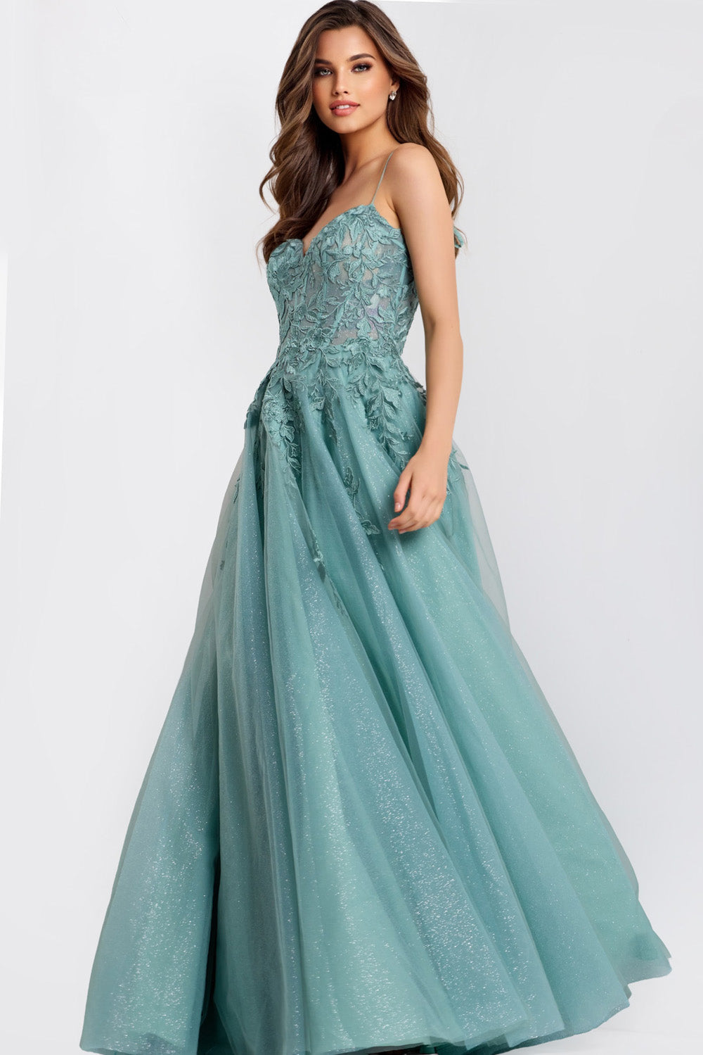 Jovani 49092 Off white and sage A-line prom dress with intricate beading, side view.
