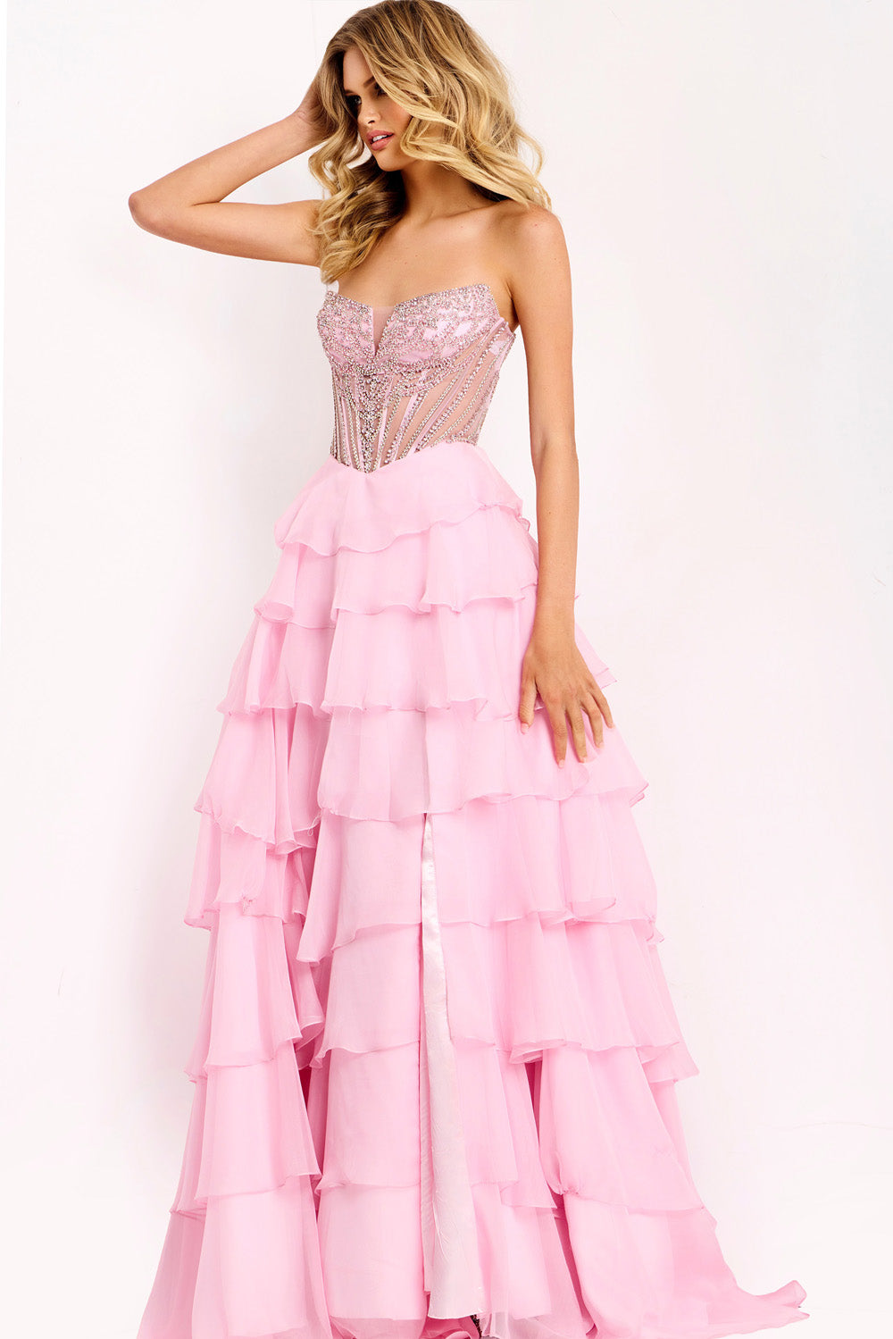 Jovani 49109 Light pink tiered prom dress with beaded bodice and side slit.